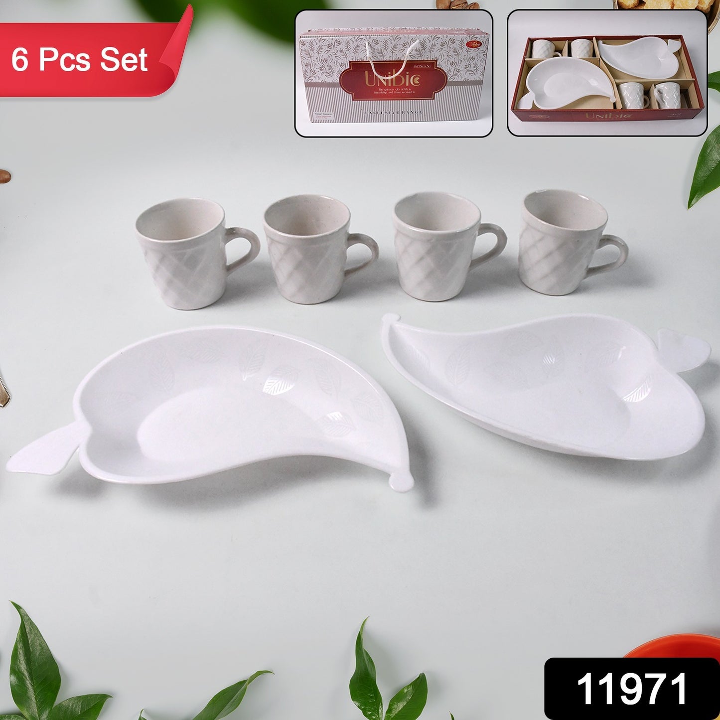 Unibic Ceramic Tea Cups With Plastic Leaf Shape Tray  Platter (6 Pcs Set) - Happy Price - Image 1