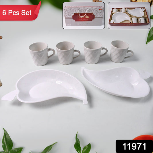 Unibic Ceramic Tea Cups With Plastic Leaf Shape Tray  Platter (6 Pcs Set) - Happy Price - Image 1