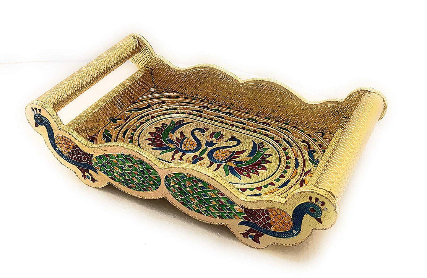 Peacock Design Glass With Handle And Handicraft Serving Tray Set - Happy Price - Image 2