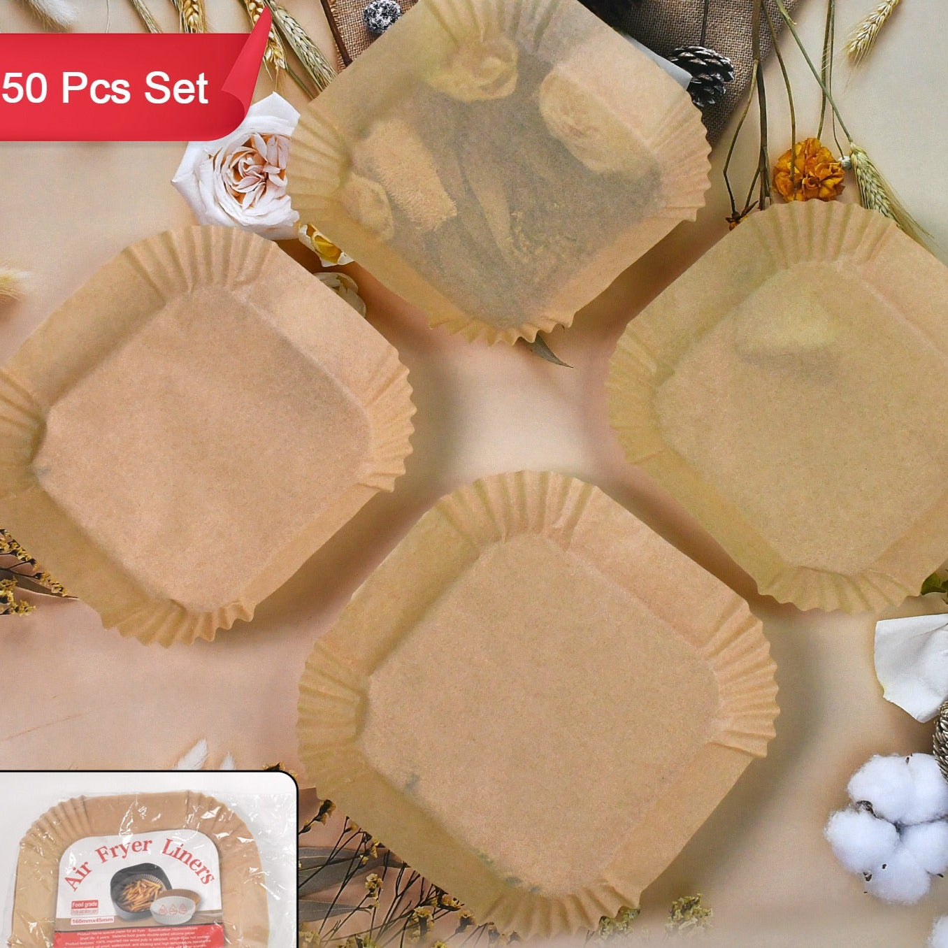 Square Air Fryer Disposable Paper Liner  (50 Pcs Set  160mmx45mm) - Happy Price - Image 1