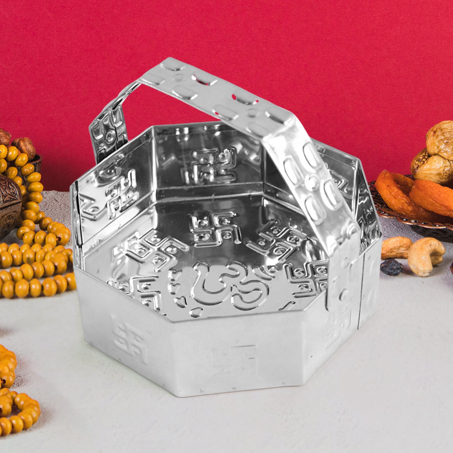 Traditional Stainless Steel Octagon Pooja Basket 1 Pc With Handle - Happy Price - Image 5