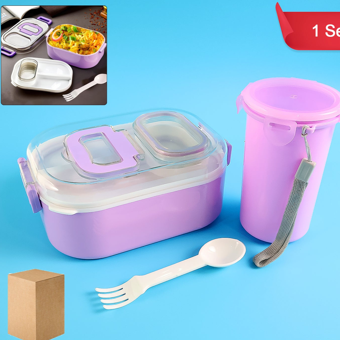 Multi-functional 1 Set Leakproof Lunch Box With Cutlery  Tumbler - Happy Price - Image 1