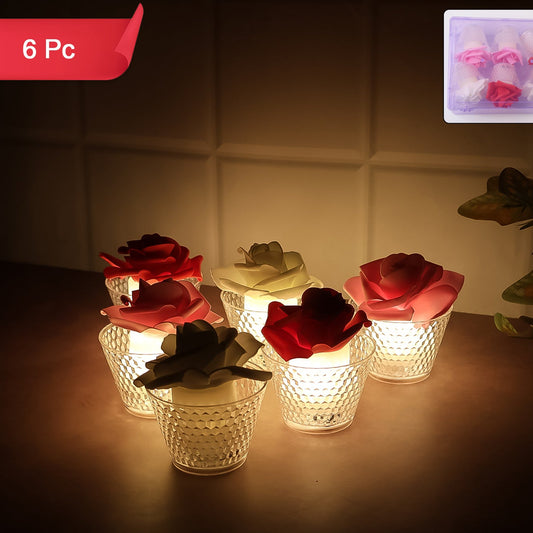 LED Rose Flower Tealight Candles - Set of 6 Flameless Flickering Lights with Glass-Style Holders - Happy Price - Image 1