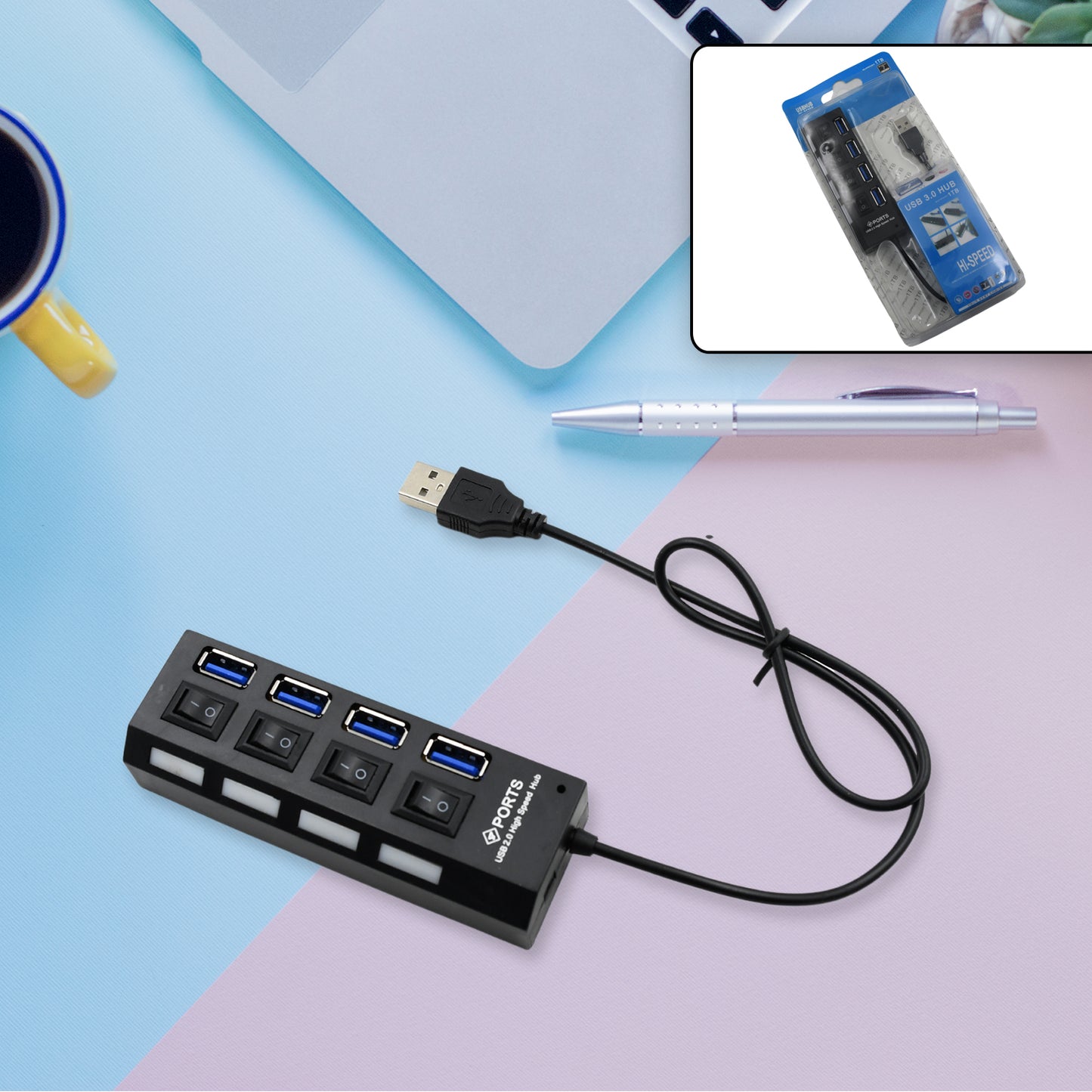 4 Port Usb Hub Usb 2.0 Hub Splitter High Speed With Onoff Switch Multi Led Adapter Compatible With Tablet Laptop Computer Notebook - Happy Price - Image 2