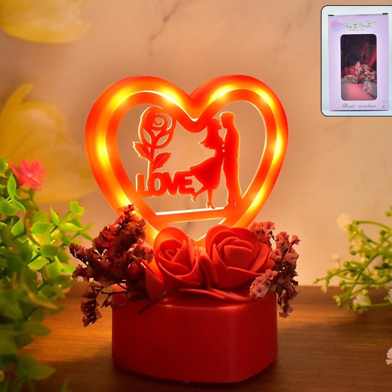 Romantic Couple Heart Showpiece with Rose Base - 1 Pc - Happy Price - Image 1