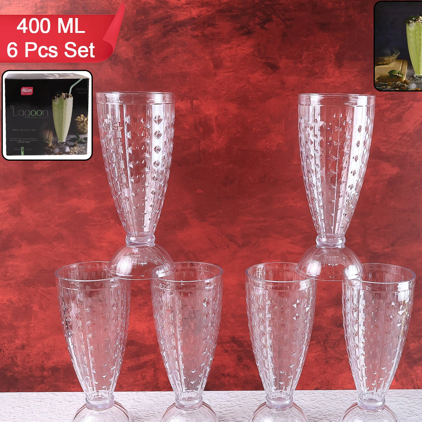 Supermom Transparent Plastic Milkshake Glass Set (400ml  6 Pc) - Happy Price - Image 1