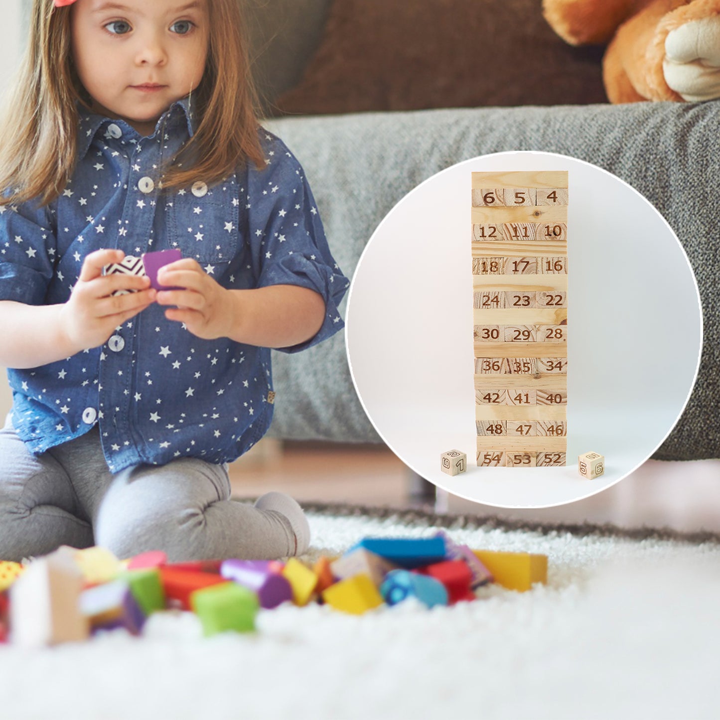 Numbered Wooden Stacking Tower Game Set with Dice for Family Fun - Happy Price - Image 3