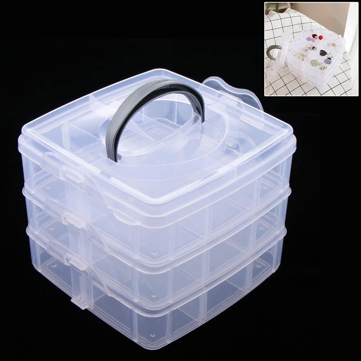 3-tier 18 Sections Transparent Stackable Adjustable Compartment Slot Plastic Craft Storage Box - Happy Price - Image 3
