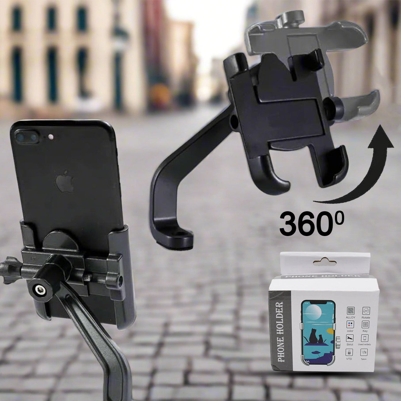 Full Metal Motorcycle & Scooty Mobile Mount Stand, 360° Rotation, Universal Fit for Smartphones - Happy Price - Image 1