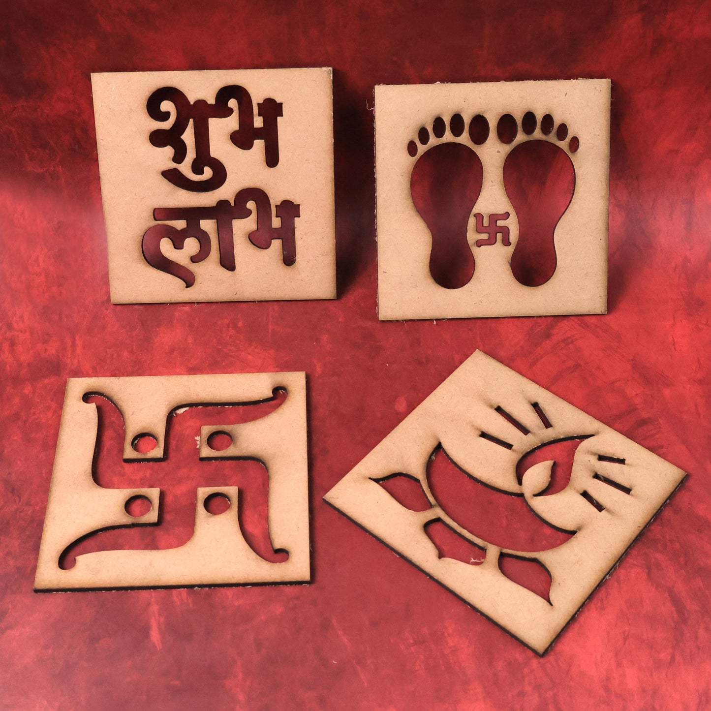 Wooden Decorative Cutouts Set - 4 Pcs Shubh Labh, Swastik, Diya & Footprint Designs for Home Decor - Happy Price - Image 3