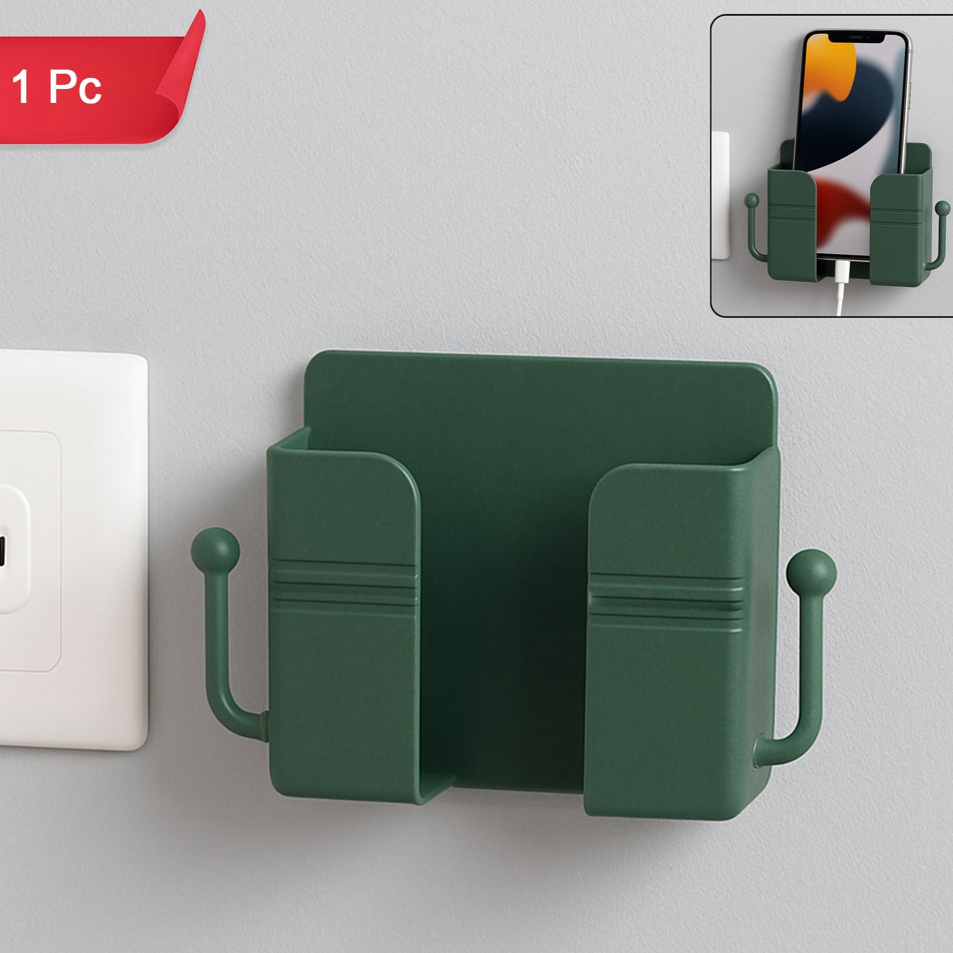 Wall-mounted Mobile Charging Holder With Dual Hooks (1 Pc) - Happy Price - Image 1
