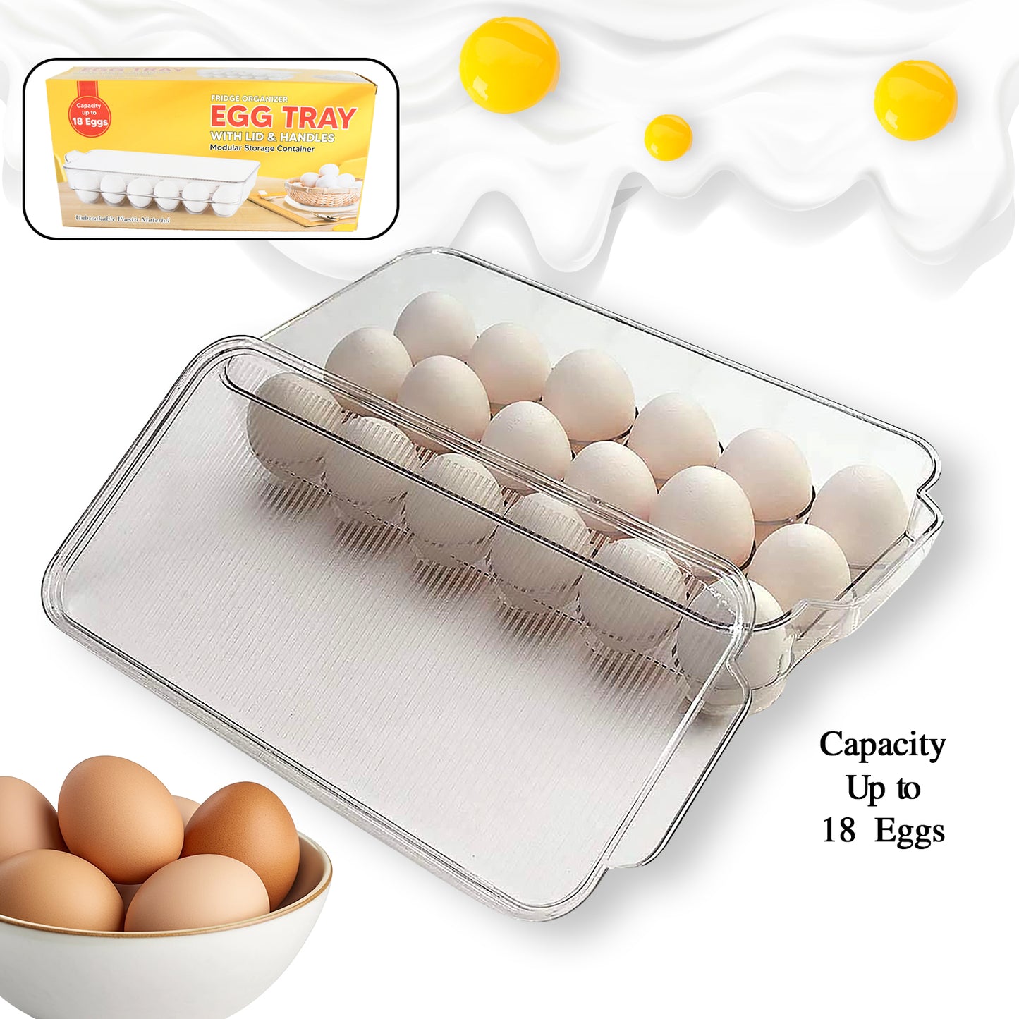 Plastic 18 Cavity Egg Storage Box Or Egg Trays For Refrigerator With Lid  Handles High Quality Rectangular Egg Tray Box For 18 Egg (1 Pc) - Happy Price - Image 2