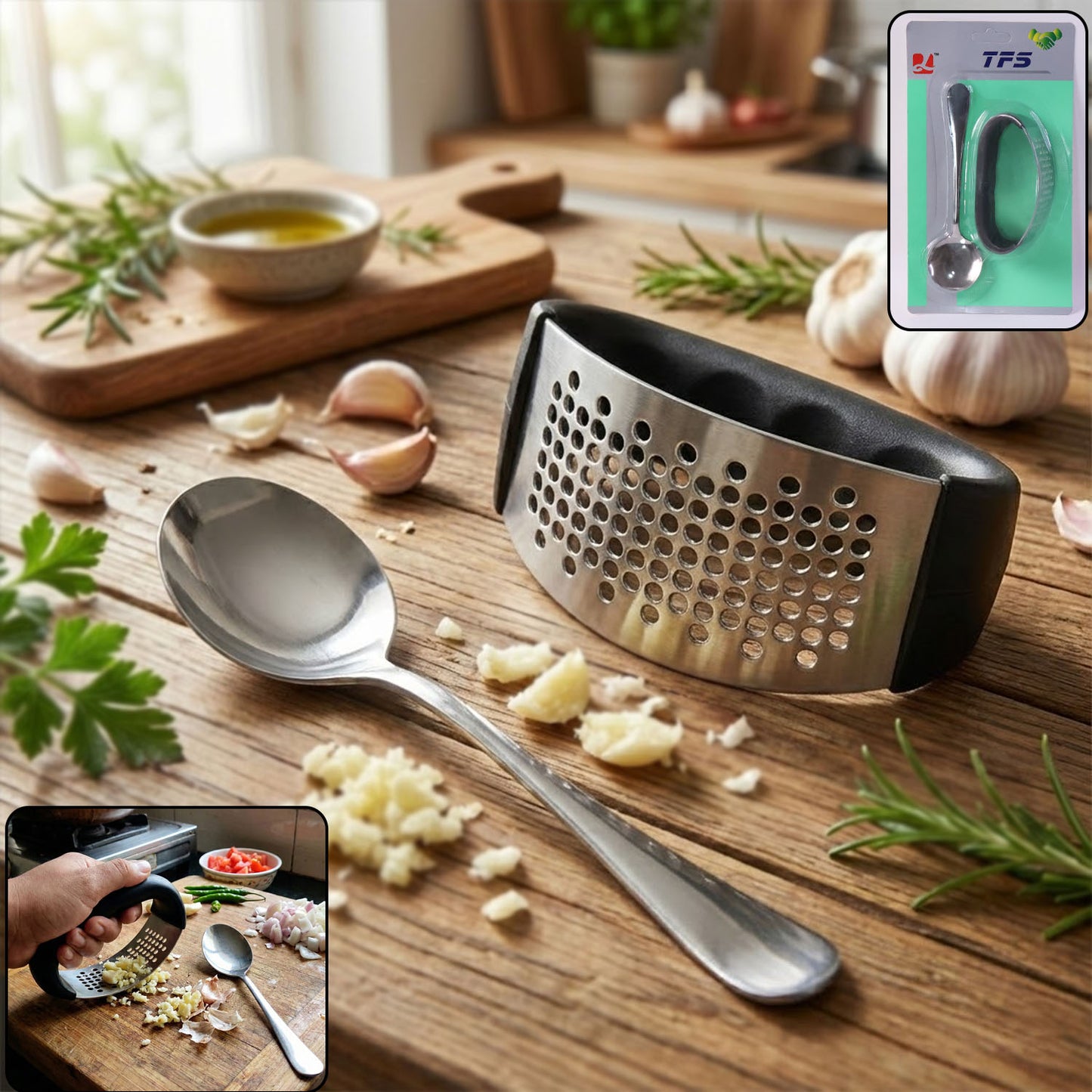 2 Pc Garlic Press & Spoon Set - Heavy Duty Kitchen Tool - Happy Price - Image 2