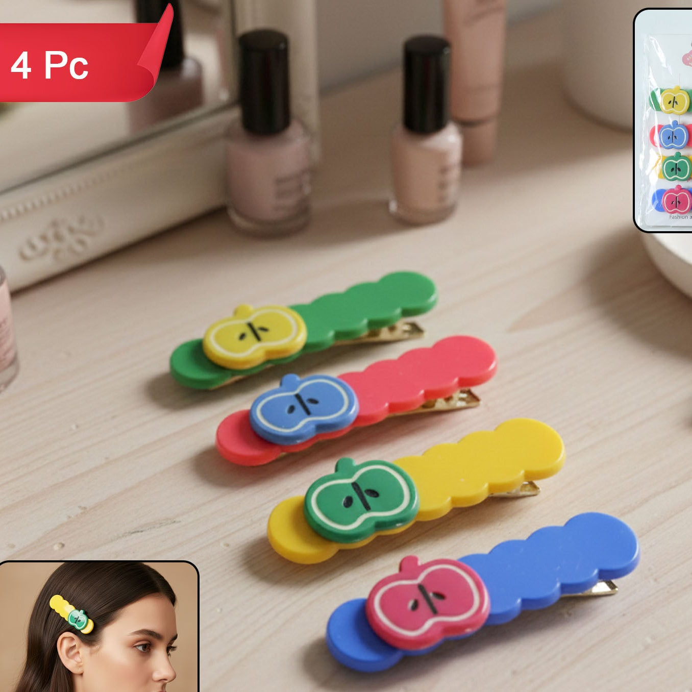 Cute Apple Design Hair Clips Set - 4 Pieces for Girls - Happy Price - Image 1