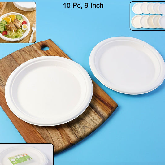 9 Inch Compostable Bagasse Plates - Pack of 10 Eco-Friendly Sugarcane Fiber Dinnerware - Happy Price - Image 1