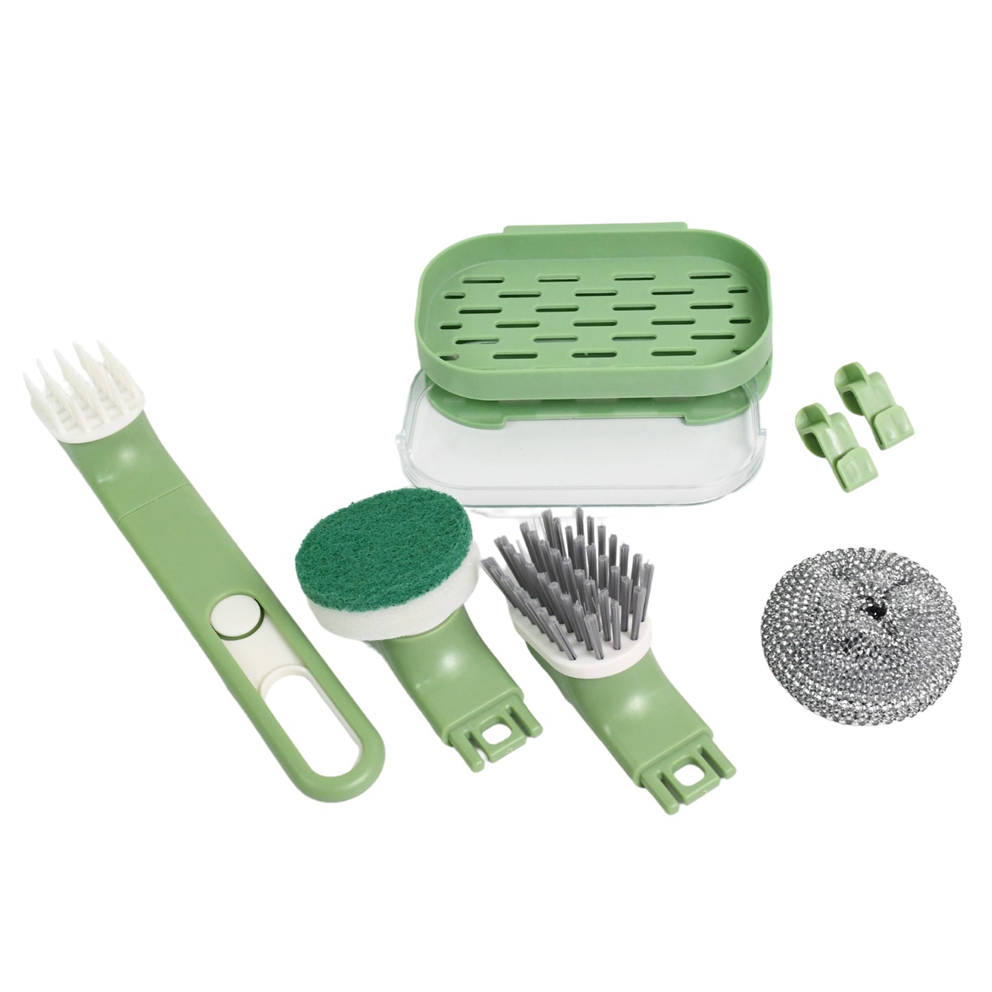 Dish Brush Set With Handle Replacement Heads Drain Tray In Kitchen (9 Pcs Set) - Happy Price - Image 5
