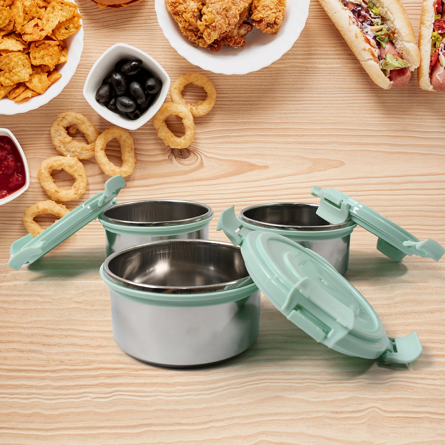 4in1tiffin Box-lunch Box  3 Stainless Steel Containers 300 Ml Approx  Plastic Salad Container 200 Ml Approx Plastic Lid Box  Round Zip Bag  Leak Proof  Microwave Safefor Office College And School For Men Women - Happy Price - Image 4