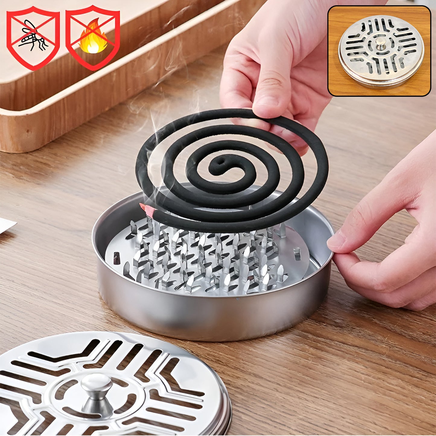 Stainless Steel Mosquito Coil Holder with Lid & Ash Tray - 1 Pc - Happy Price - Image 2