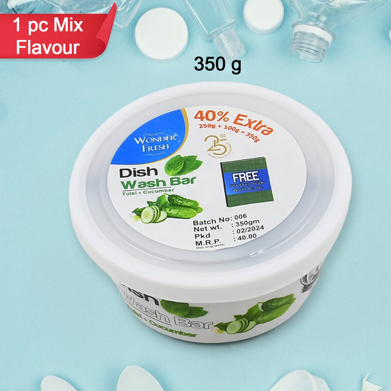 Fresh Mix Flavor Round Dishwash Bar With Super Scrubber Free Complete Dishwashing Solution Tough Stains Remover (350 Gm) - Happy Price - Image 1