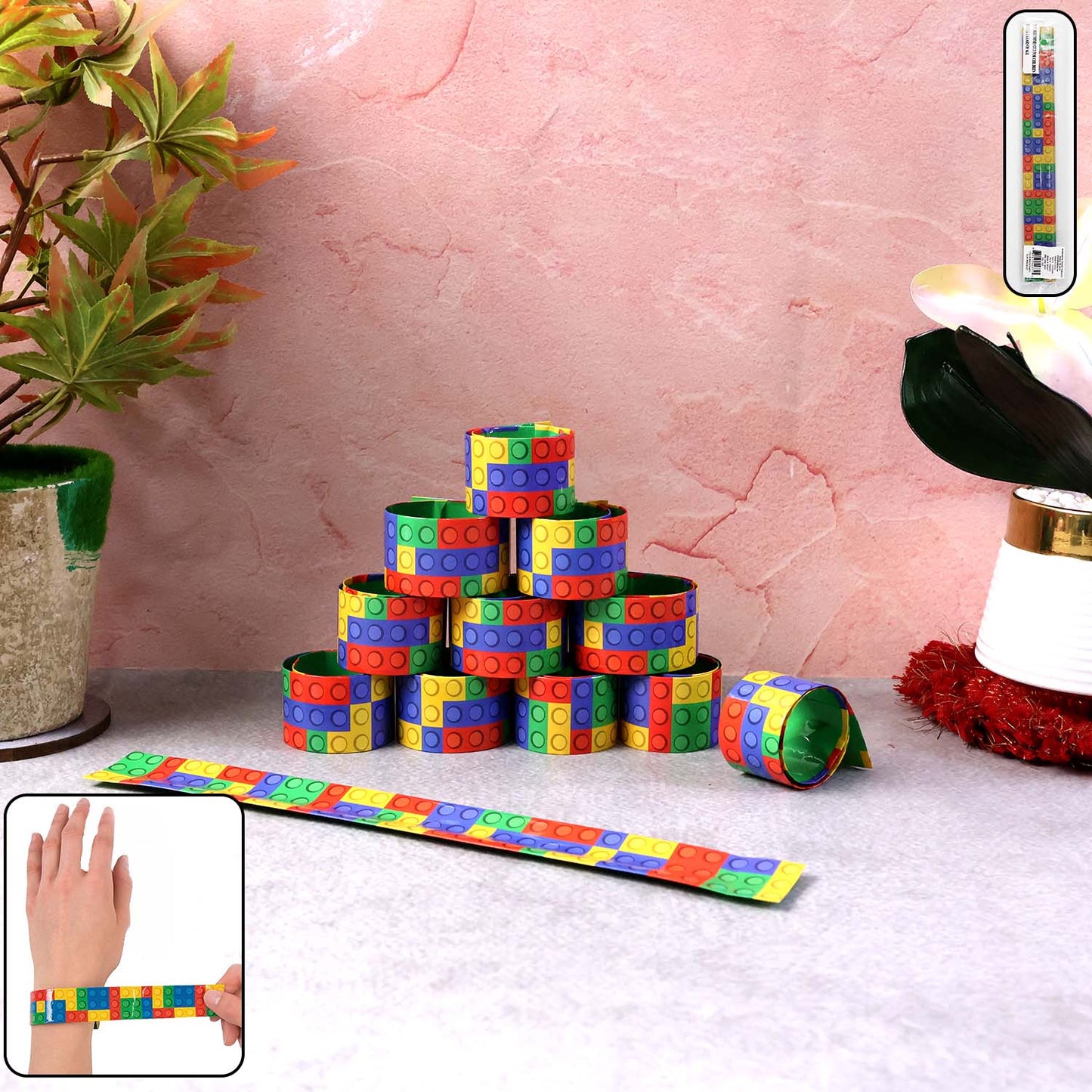12 Pc Colorful Brick Pattern Slap Bracelets for Kids - Happy Price - Image 2