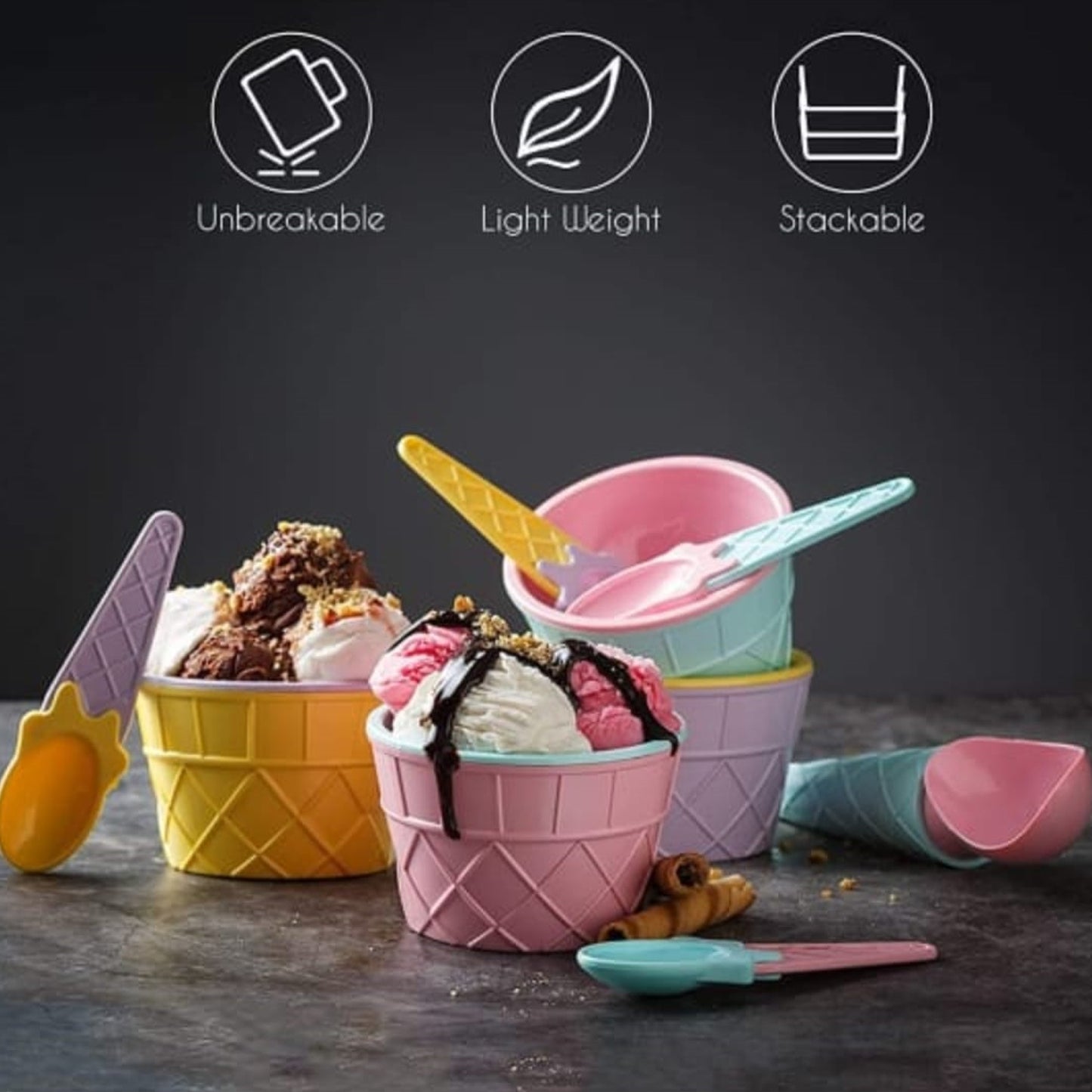 Ice-cream Waffle Spoon Bowel Cup Set  Premium Ice Cream Set  Ice-cream Bowel With Spoon  6 Units Couple Bowl Set  Color Box - Happy Price - Image 3