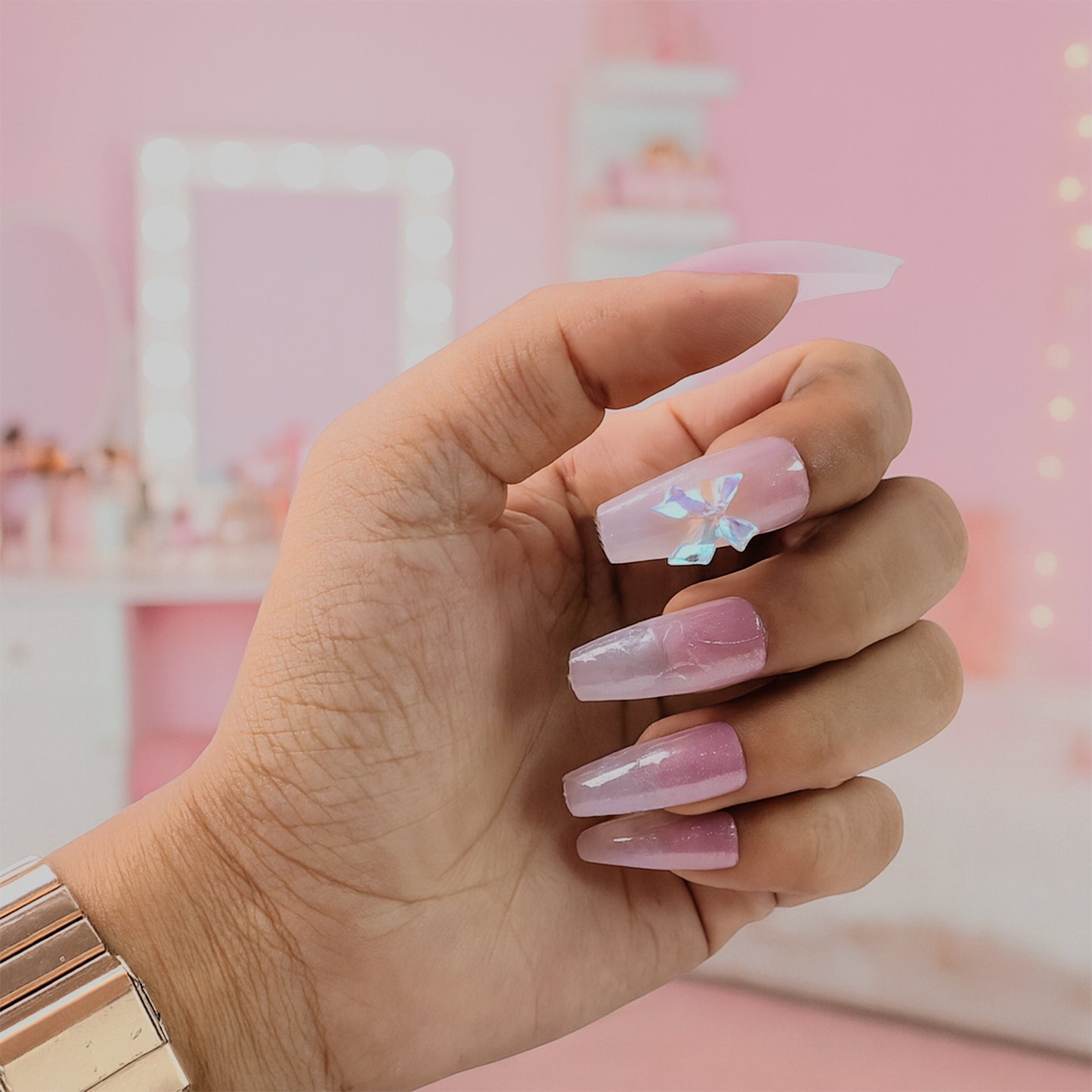 Artificial Press-On Nails - Long Coffin Shape, Mix Design, Glossy Finish (1 Set) - Happy Price - Image 4