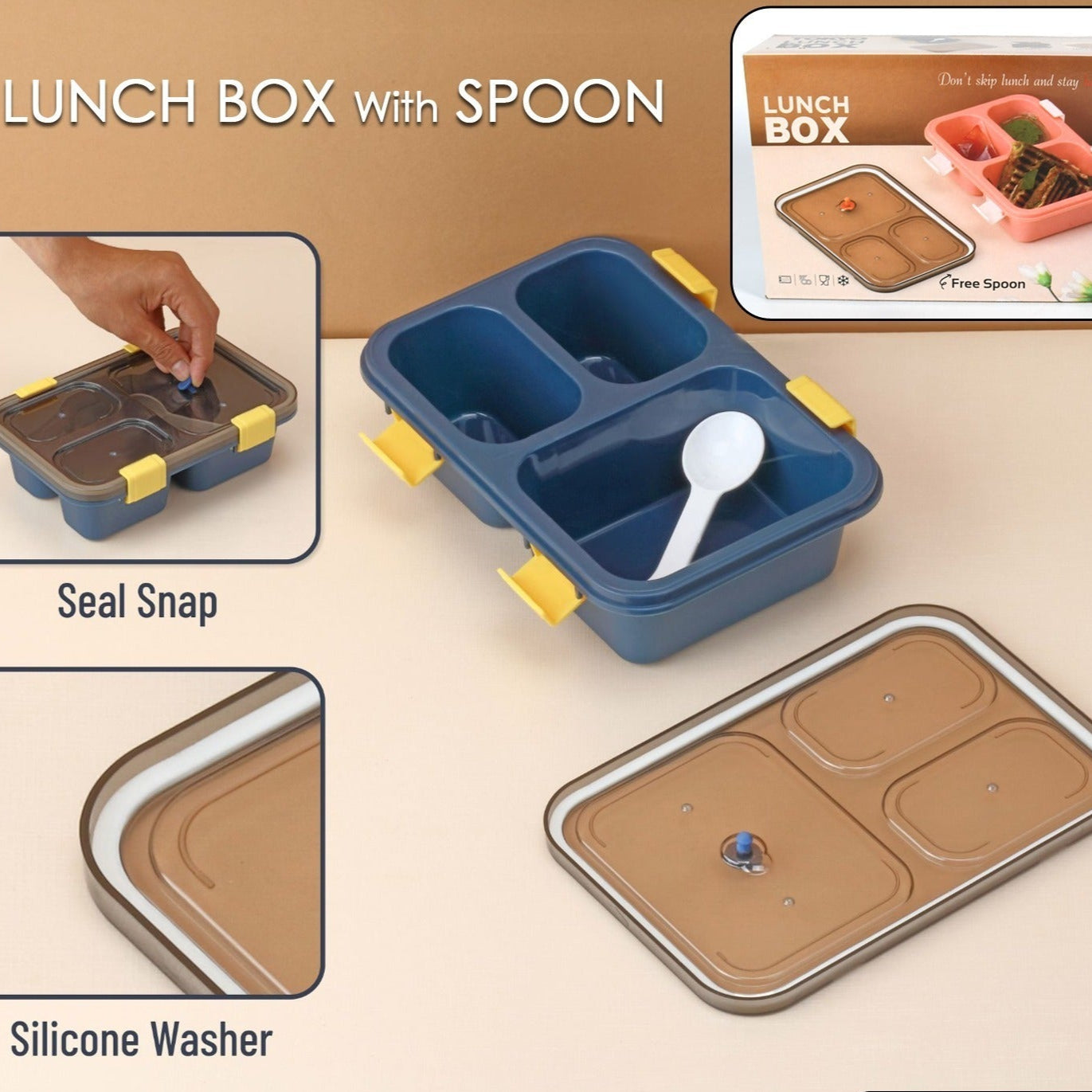 Plastic Lunch Box For Kids Lunch Box For Kids 3 Compartment Insulated Lunch Box Tiffin Box For Boys Girls School  Office Men (3 Compartment Lunch Box) - Happy Price - Image 1