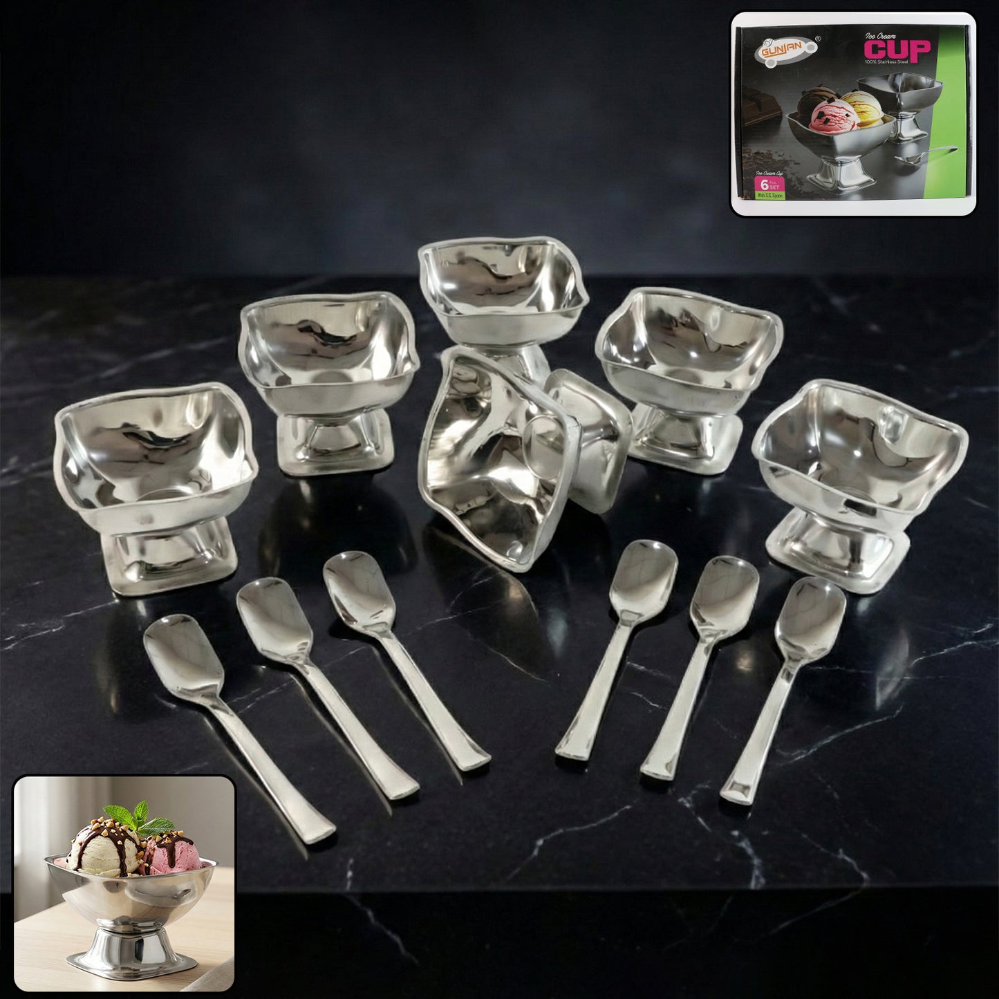 Stainless Steel Ice Cream Cups with Spoons Set - 6 Pc - Happy Price - Image 2