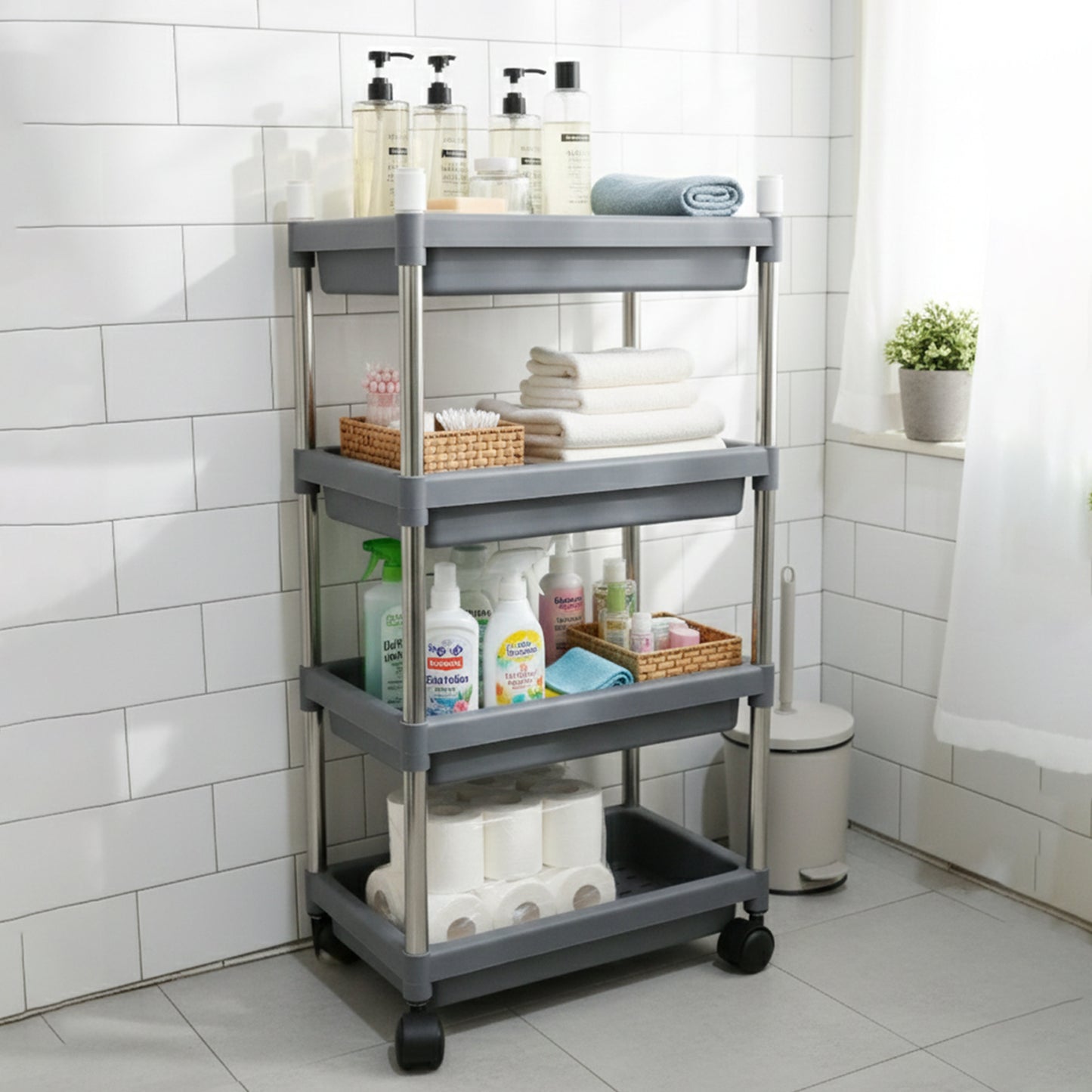 4-Tier Rolling Storage Cart with Wheels - Stainless Steel Frame Organizer - Happy Price - Image 3