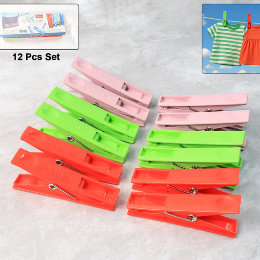 Durable Cloth Clips Set Of 12  Strong Grip Plastic Laundry Pegs With Stainless Steel Spring - Happy Price - Image 1