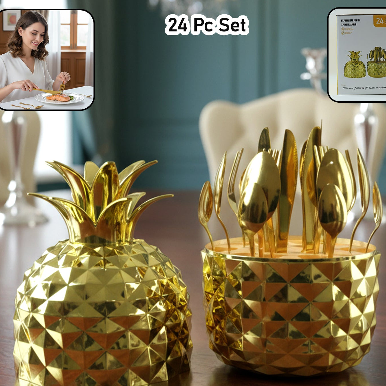 24 Piece Stainless Steel Gold Cutlery Set with Pineapple Stand - Happy Price - Image 1