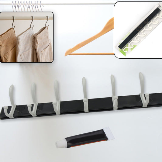 Cloth Hanger Wall Door Hooks Rail For Hanging Clothes For Hanging Hook Rack Rail Extra Long Coat Hanger Wall Mount For Clothes Jacket Hats 6 Hook With Eco-friendly Liquid Adhesive Glue - Happy Price - Image 1