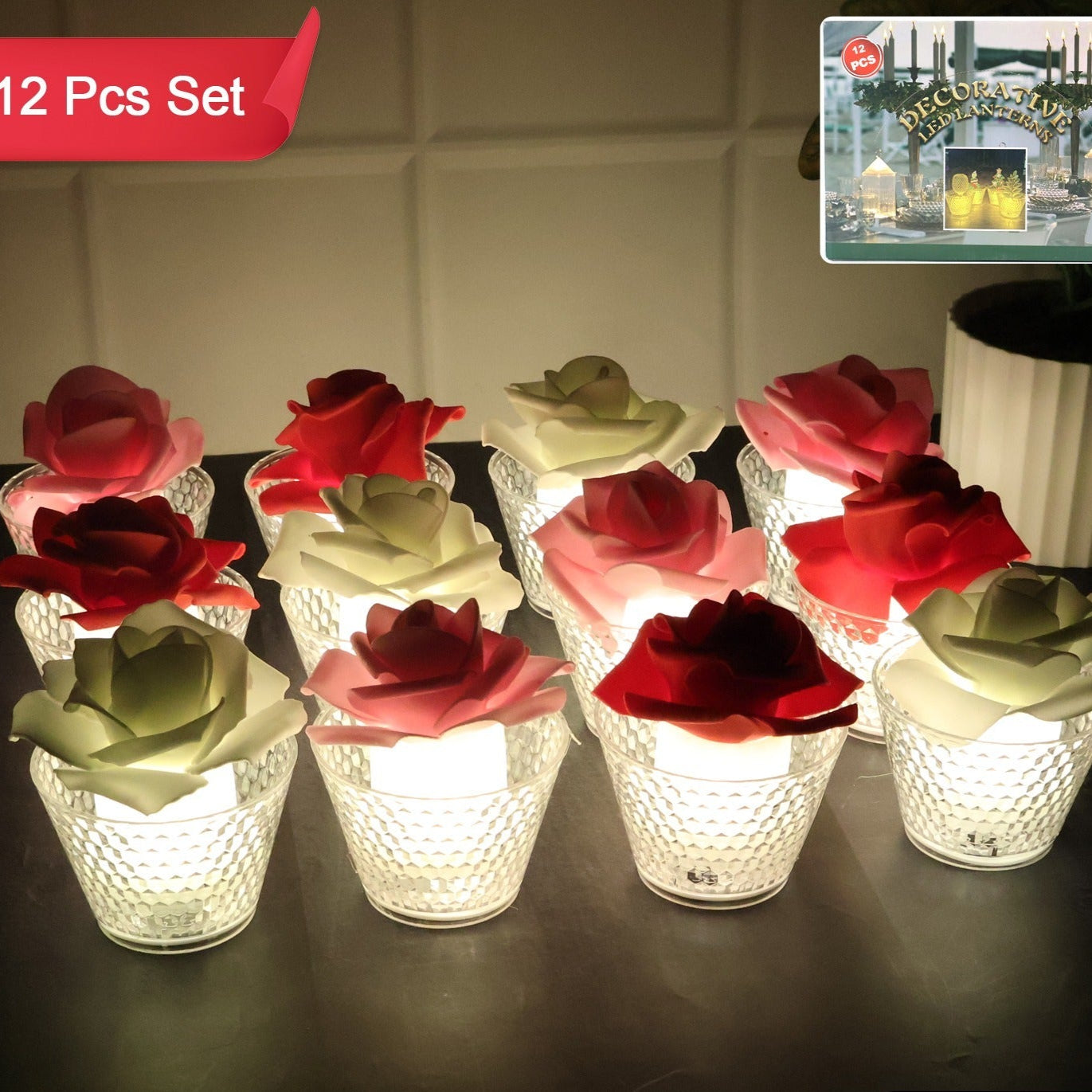 12 Pc Rose Shaped Flameless LED Candles with Glass Holder - Warm Glow Decorative Lights - Happy Price - Image 1