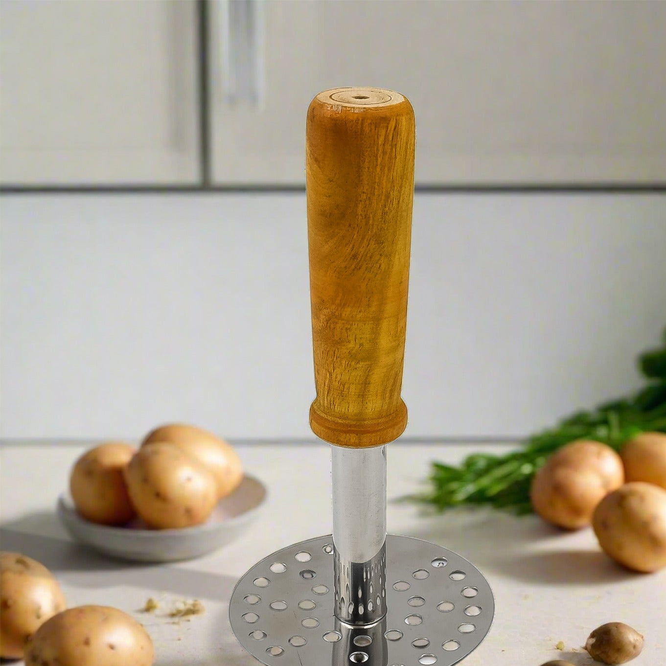 High Grade Stainless Steel Potato Masher Paubhaji  Pav Bhaji Masher With Wooden Handle (1 Pc) - Happy Price - Image 1