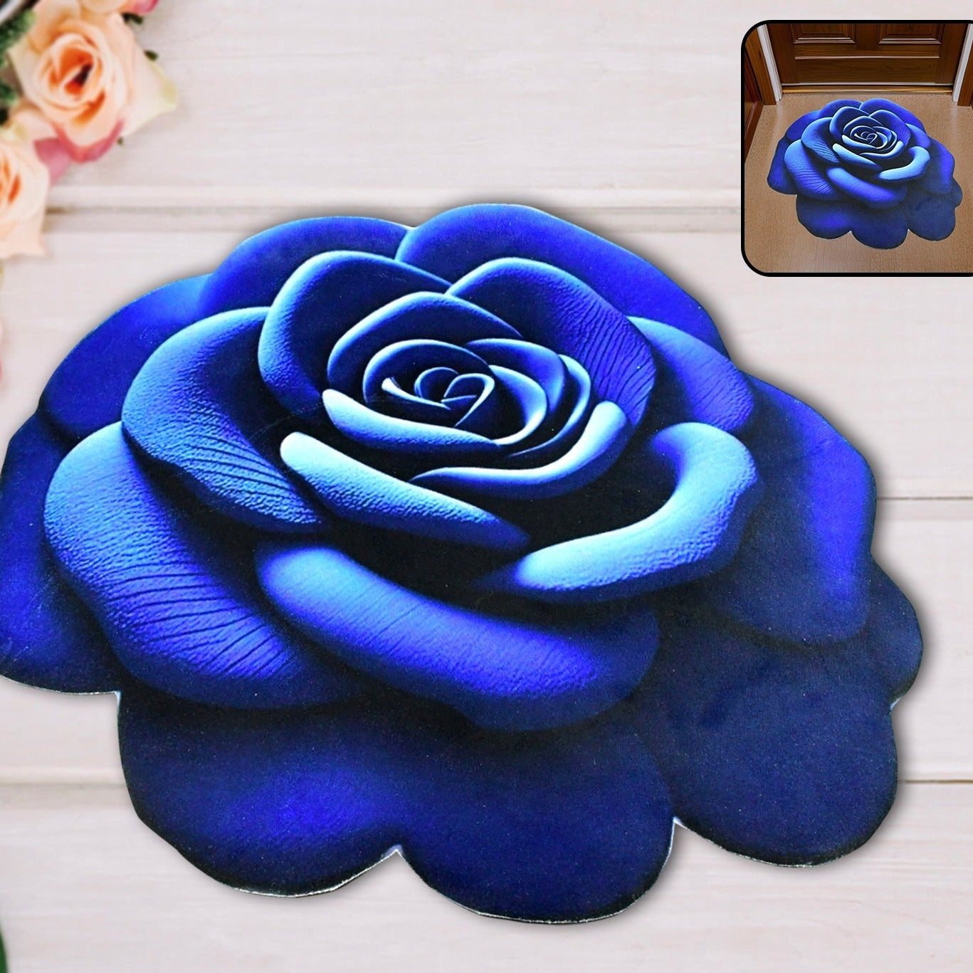 Rose Shaped Velvet Floor Mat - 1 Pc Blue - Happy Price - Image 1