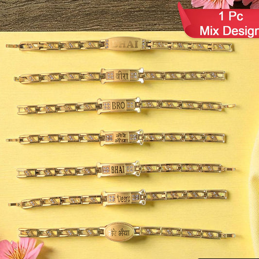 Metal Rakhi Bracelet For Brother Chain Rakhi With Wording (Mix Design 1 Pc) - Happy Price - Image 1