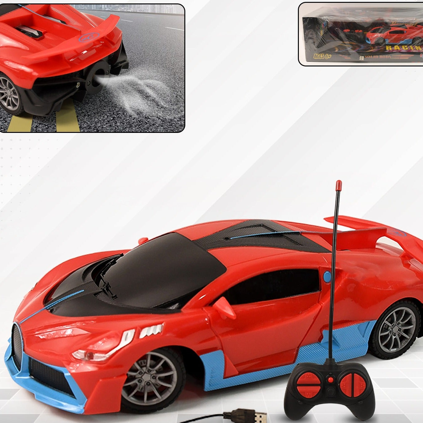 Remote Control Spray Exhaust Sports Car - USB Rechargeable RC Racer with LED Lights (1 Set) - Happy Price - Image 1