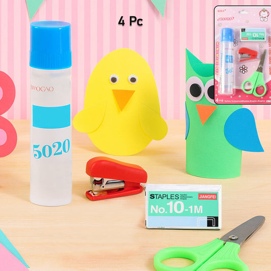 4 Pc Kids Craft & Stationery Set with Safety Scissors, Stapler, Glue & Staples - Happy Price - Image 1