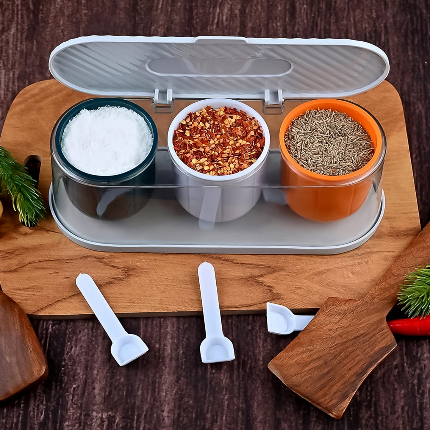 Home Kitchen 3 Grid Seasoning Spice  Masala Box Kit With Spoon (Multicolor  1 Set) - Happy Price - Image 6