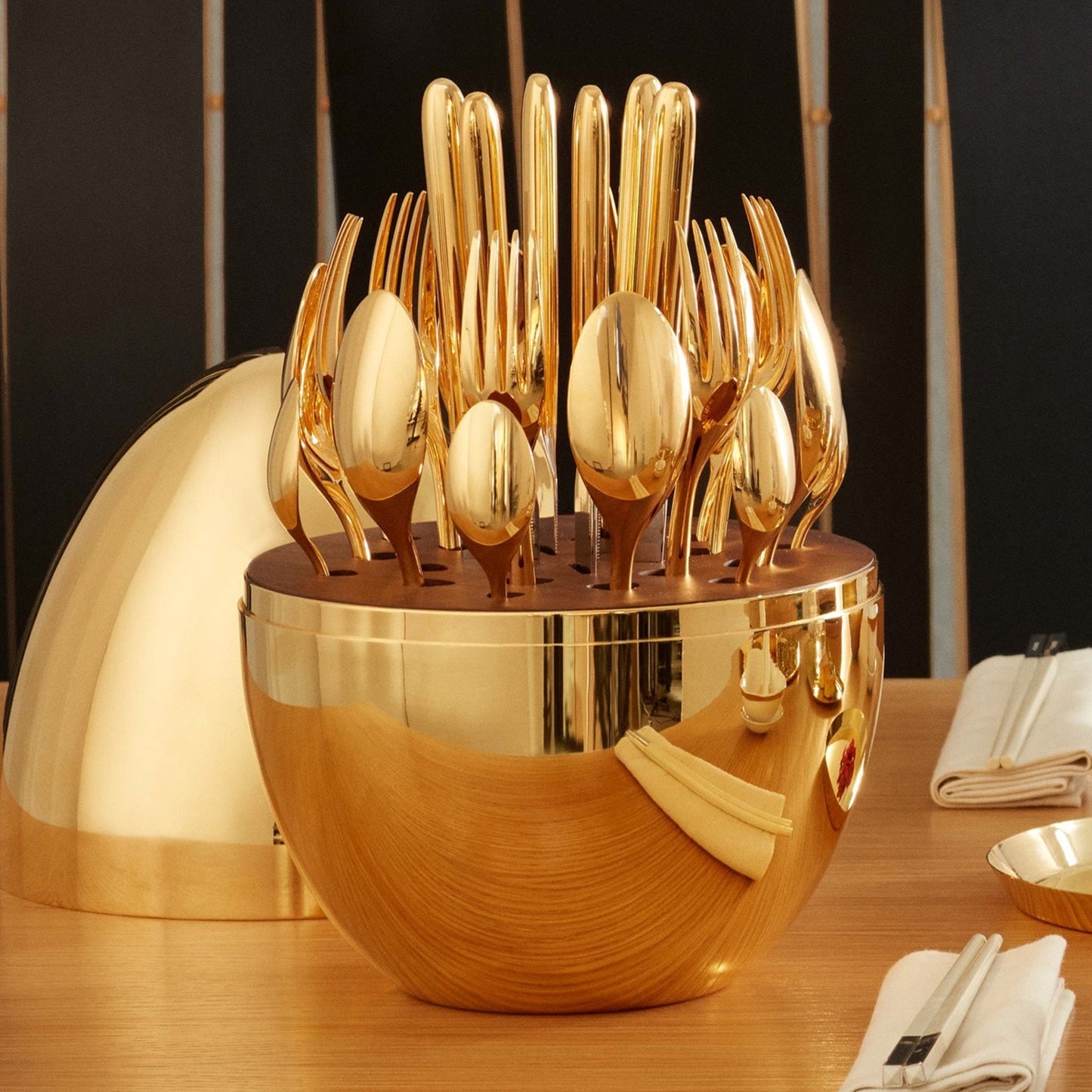 Premium Cutlery Set 24 Pcs With Oval Shaped Stand  Beautiful Stylish Oval Designed Cutlery Sets Egg-shaped Luxury Spoon Holder Set (Golden  24 Pcs Set) - Happy Price - Image 3