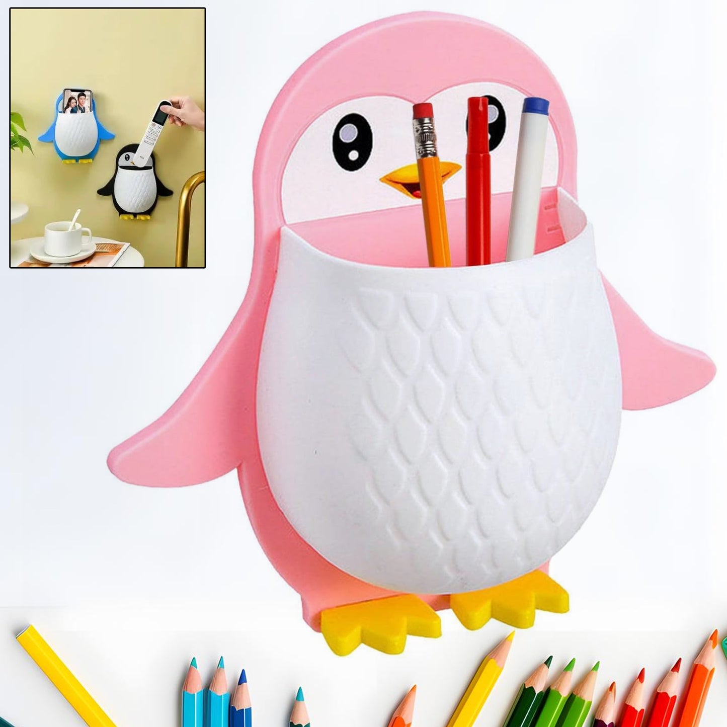 Penguin Storage Box Adhesive Remote Case Electric Toothbrushes Holder Universal Controller Holder Wall Nightstand Office Plastic Wall Mount - Happy Price - Image 2