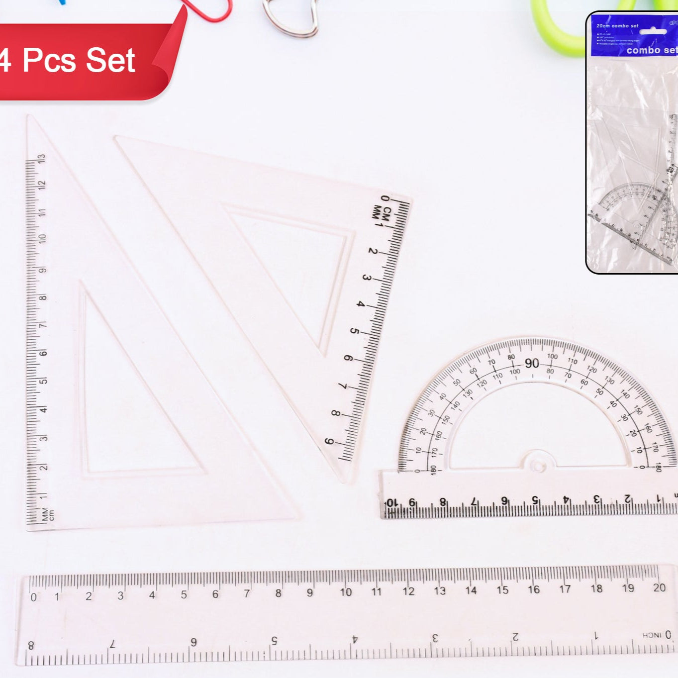 Plastic Geometry Set Triangle Ruler Protractor Straight Ruler (4 Pcs Set) - Happy Price - Image 1