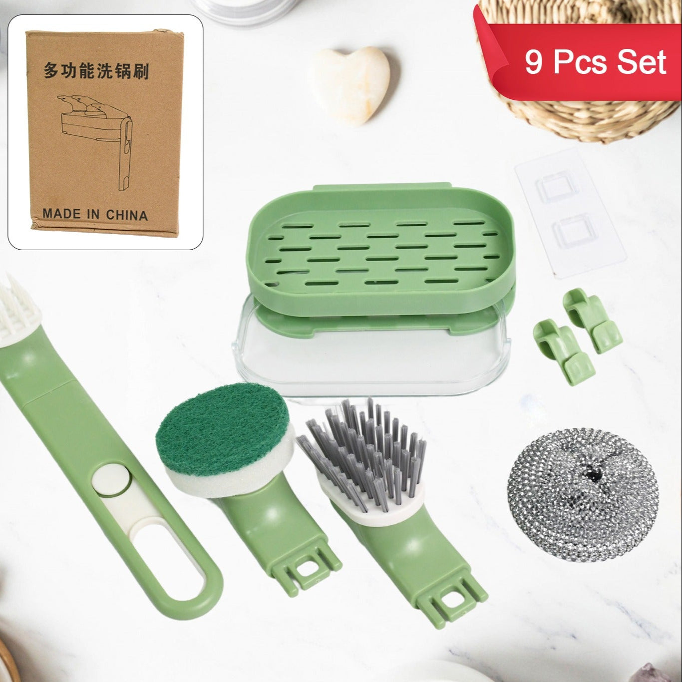 Dish Brush Set With Handle Replacement Heads Drain Tray In Kitchen (9 Pcs Set) - Happy Price - Image 1