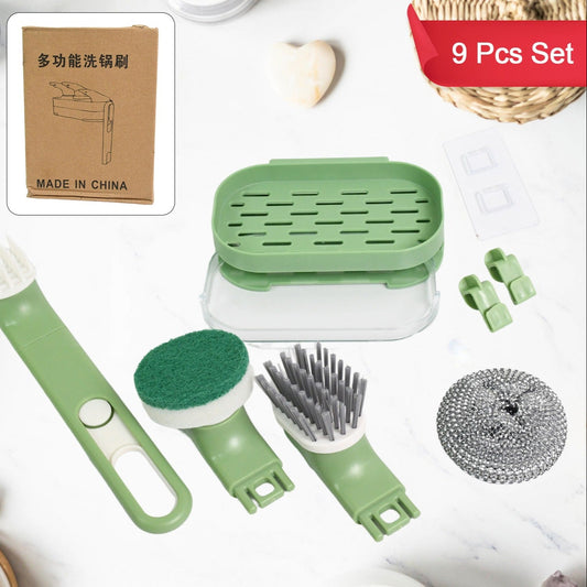 Dish Brush Set With Handle Replacement Heads Drain Tray In Kitchen (9 Pcs Set) - Happy Price - Image 1