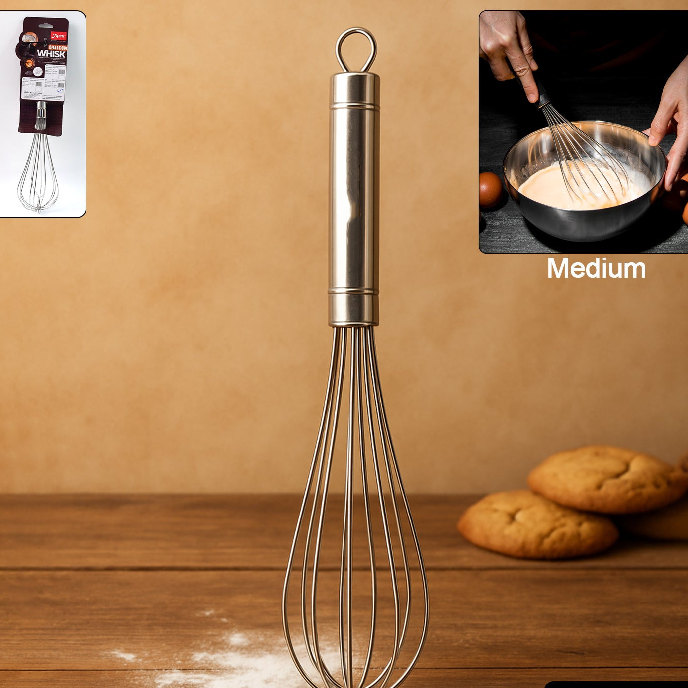 Apex Stainless Steel Medium Hand Whisk (1 Pc) for Baking & Cooking - Happy Price - Image 1