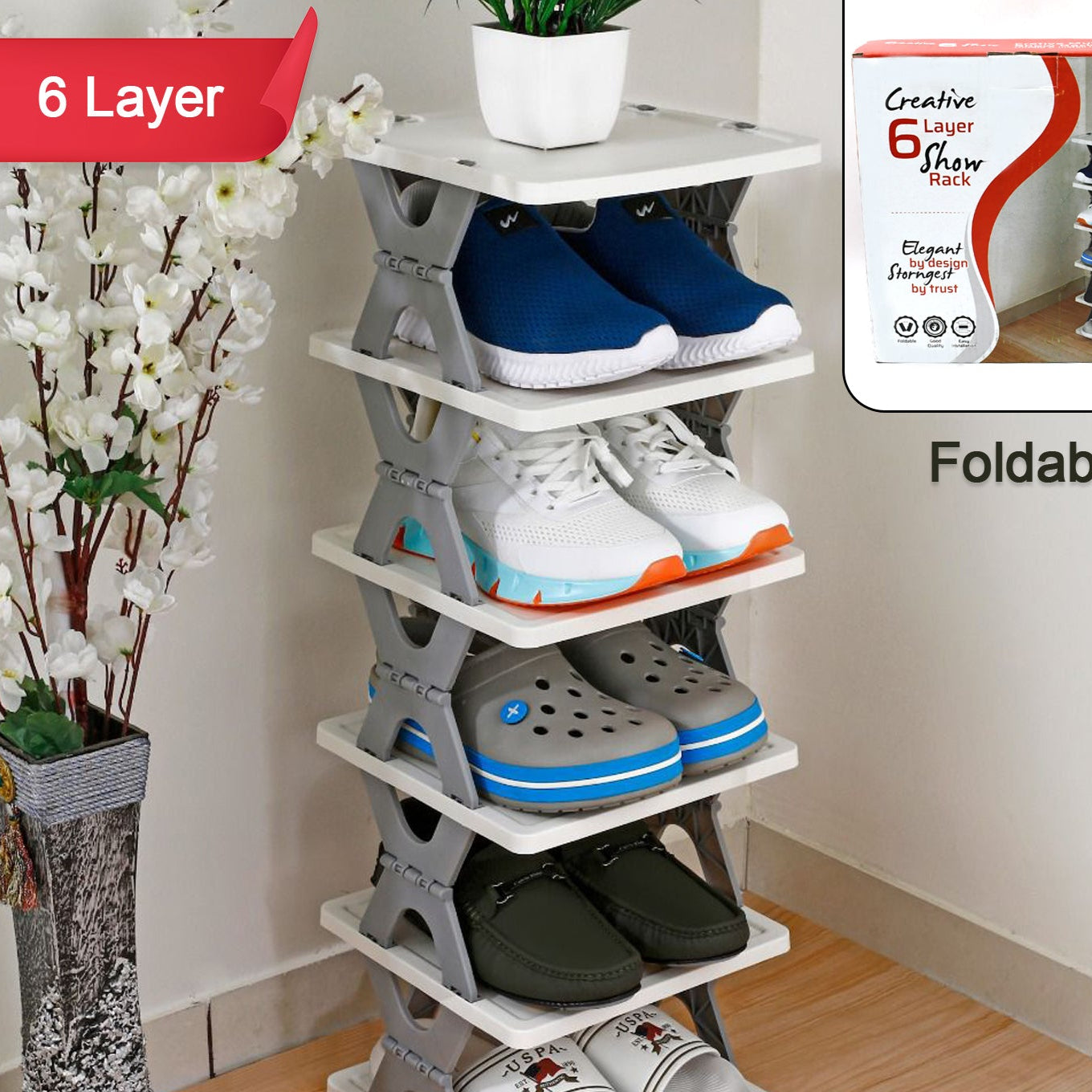 Smart Shoe Rack With 6 Layer Shoes Stand Multifunctional Entryway Foldable  Collapsible Door Shoe Rack Free Standing Heavy Duty Plastic Shoe Shelf Storage Organizer Narrow Footwear Home - Happy Price - Image 1
