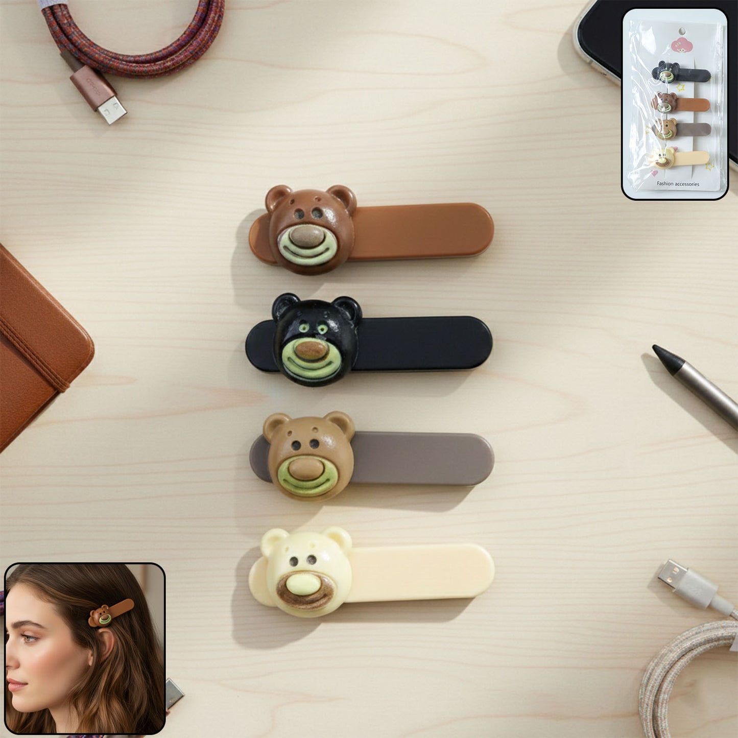 Cute Bear Face Hair Clips Set - 4 Pc Decorative Snap Clips for Women & Girls - Happy Price - Image 2