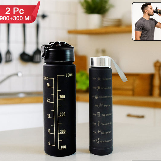 2 Pc Motivational Water Bottle Set - 900 ML & 300 ML Black Sipper Bottles - Happy Price - Image 1