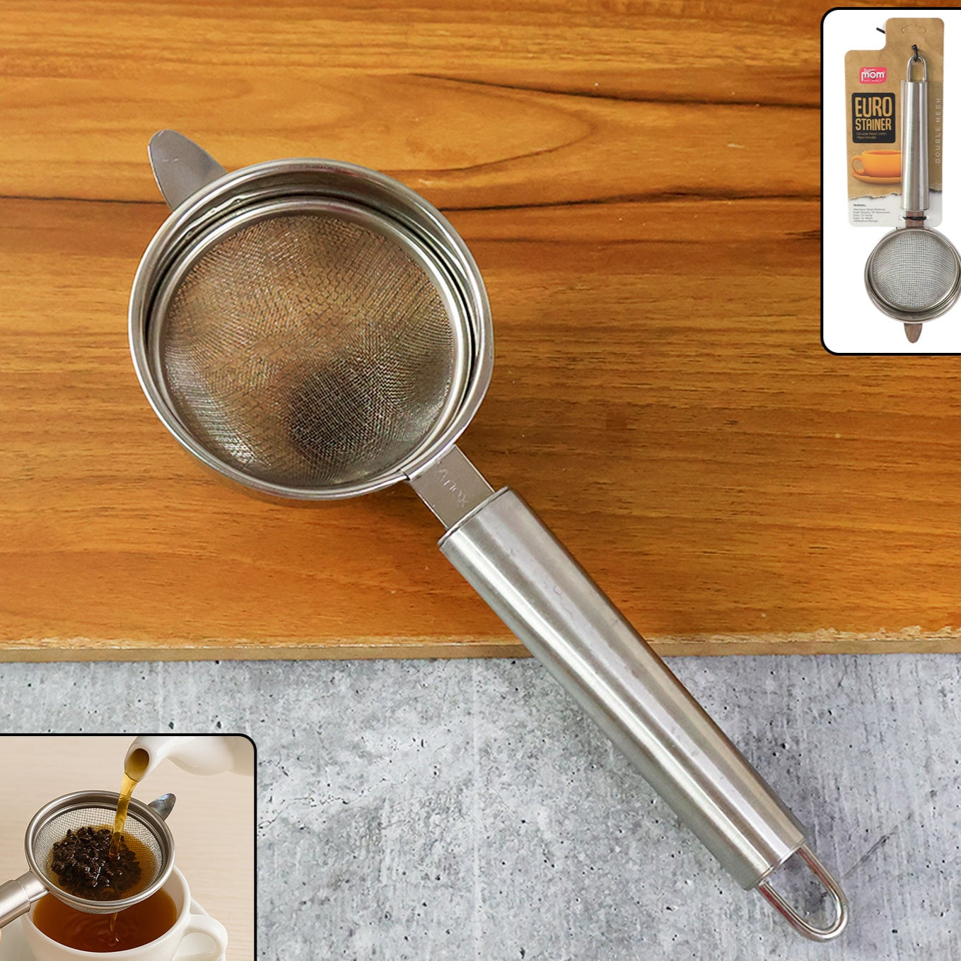 Medium Stainless Steel Double Mesh Kitchen Strainer with Pipe Handle - 1 Pc - Happy Price - Image 1