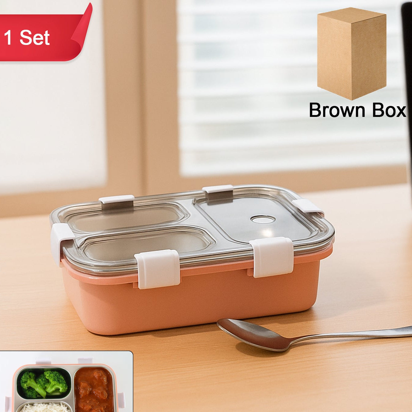 3 Compartment Stainless Steel Lunch Box - 1 Pc - Happy Price - Image 1